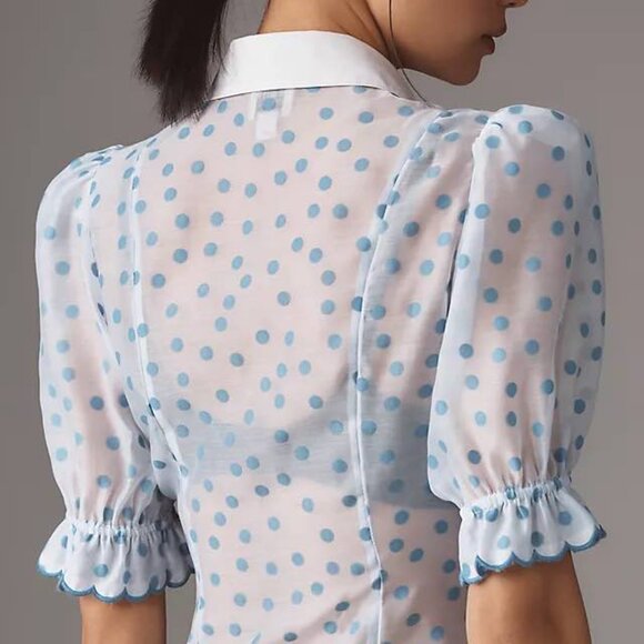 Anthropologie Maeve Puff-Shoulder Collared Slim Blouse in Blue Motif, S - Picture 2 of 4